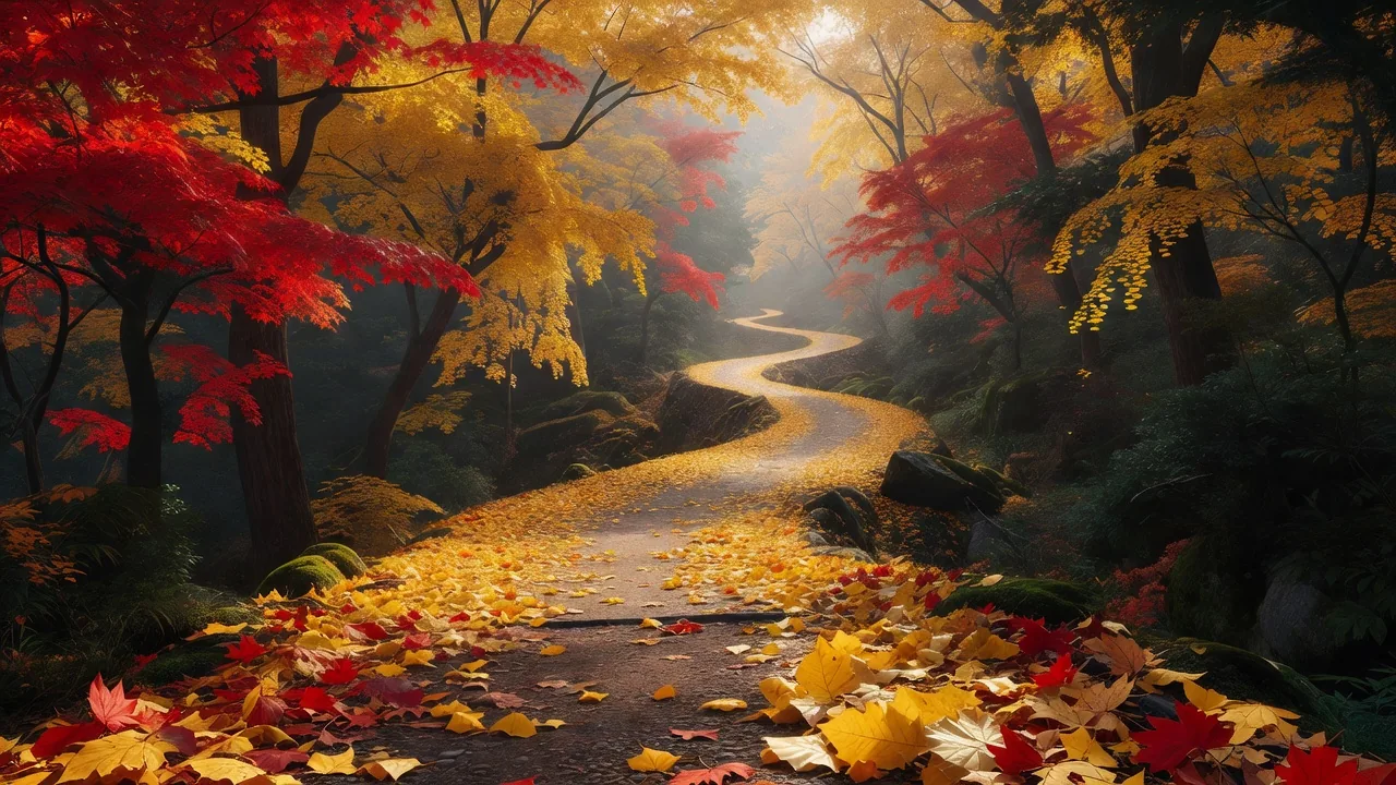 紅葉に彩られた秋の山道