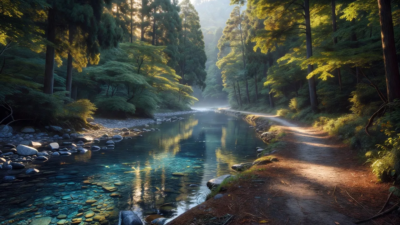 渓流沿いの森の道